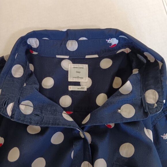 Gap Women's Navy Fox Print Polka Dot The Fitted Boyfriend Cotton Shirt Size S - Picture 5 of 15